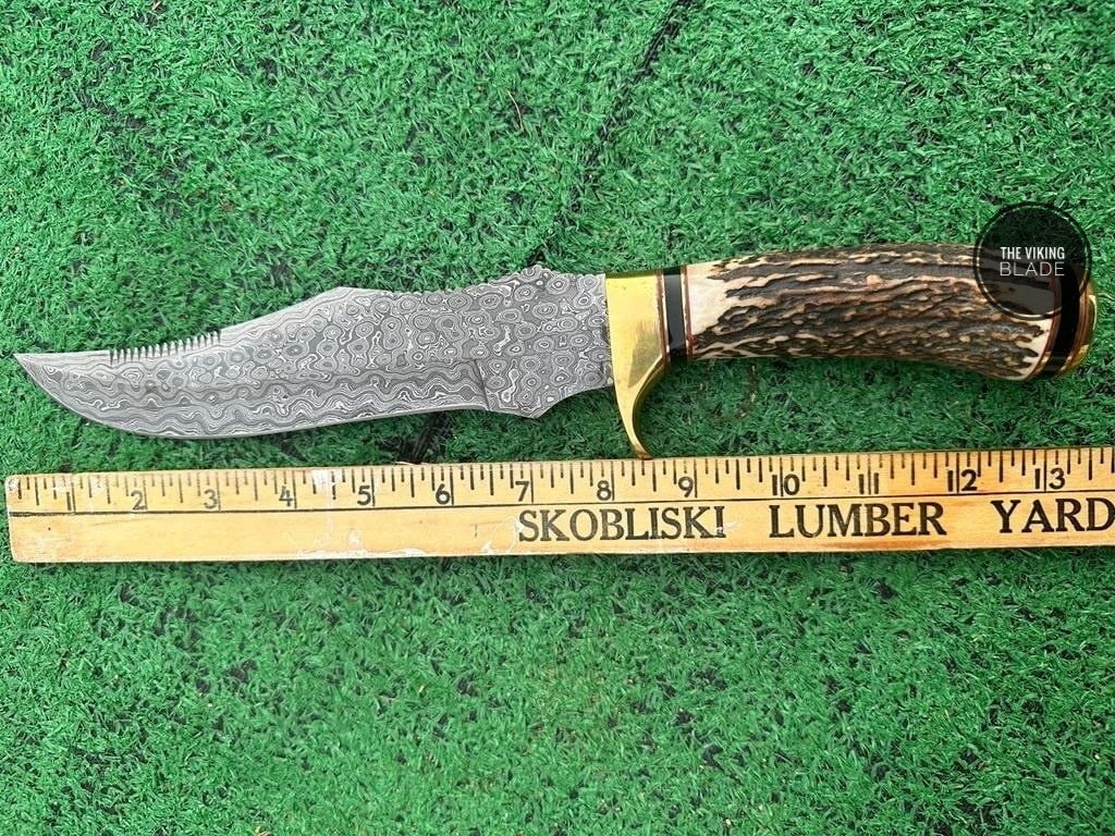 Custom Handmade Damascus Steel Knife with Stag Antler Handle – Premium 13 inches, Brass Hilt, Rain Drop Pattern – Ideal for Hunting, Camping, Outdoor Adventures