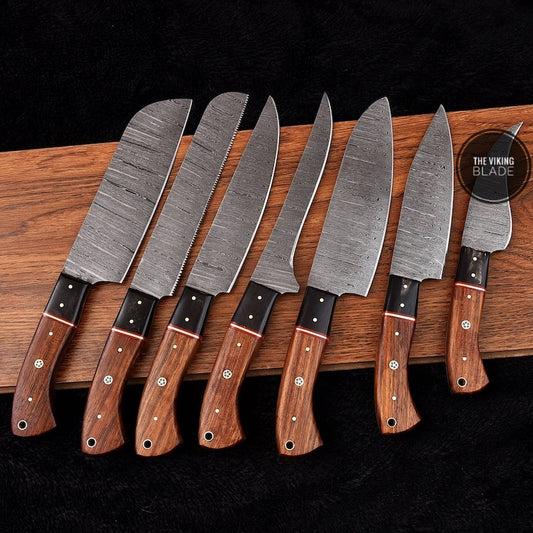 Hand-Forged 7-Piece Damascus Kitchen Chef Set with Black Micarta & Pakka Wood Handles and Steel Bolster, Gift For Him, Gift For Her, Vintage