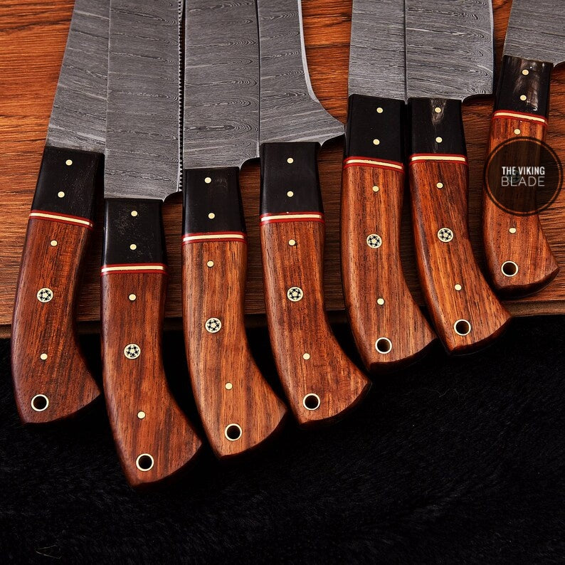 Hand-Forged 7-Piece Damascus Kitchen Chef Set with Black Micarta & Pakka Wood Handles | The Viking Blade |