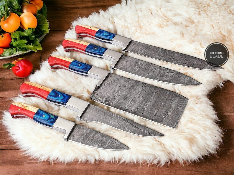 Hand forged Damascus Chef Knife Set Steel bolster With Stained wood Handle