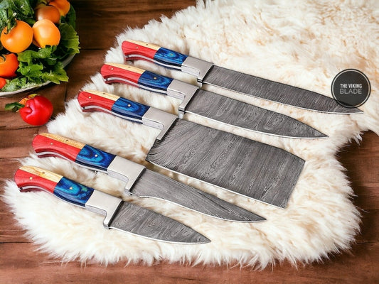 Hand forged Damascus Chef Knife Set Steel bolster With Stained wood Handle
