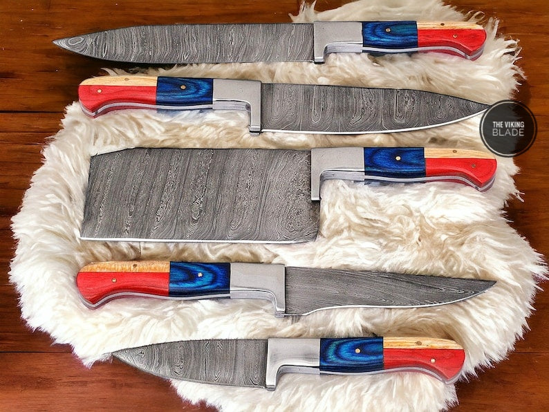 Hand forged Damascus Chef Knife Set Steel bolster With Stained wood Handle