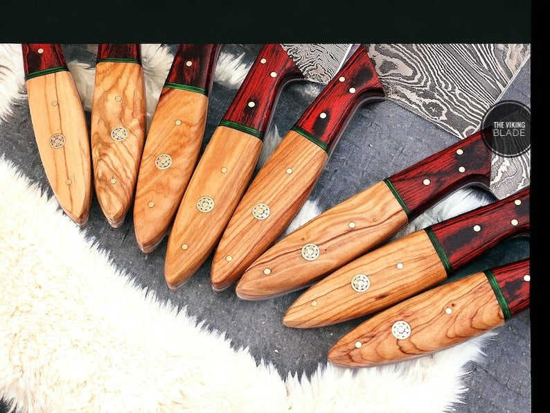 Handmade Professional Kitchen Damascus Knife Set, 8pcs Best Damascus Steel Chef Kitchen Knife set