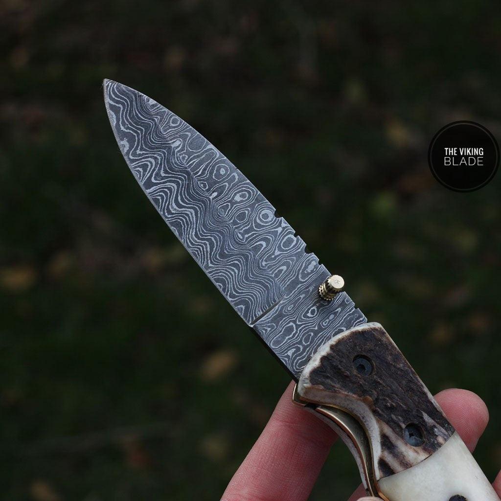 Custom Handmade Damascus Steel Folding Pocket Knife With Leather Pouch