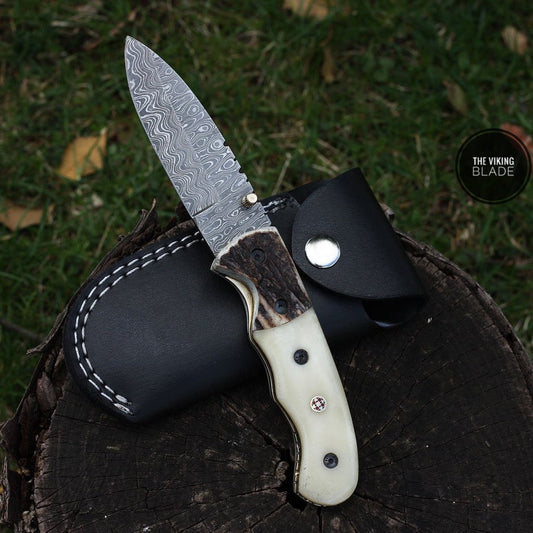 Custom Handmade Damascus Steel Folding Pocket Knife With Leather Pouch