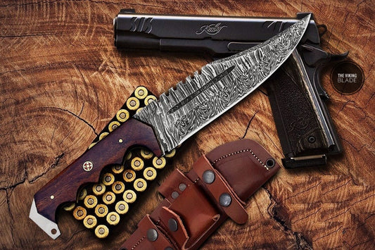 Custom Handmade Damascus Steel Hunting Knife With Leather Sheath