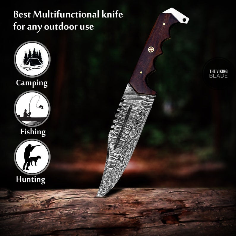 Custom Handmade Damascus Steel Hunting Knife With Leather Sheath