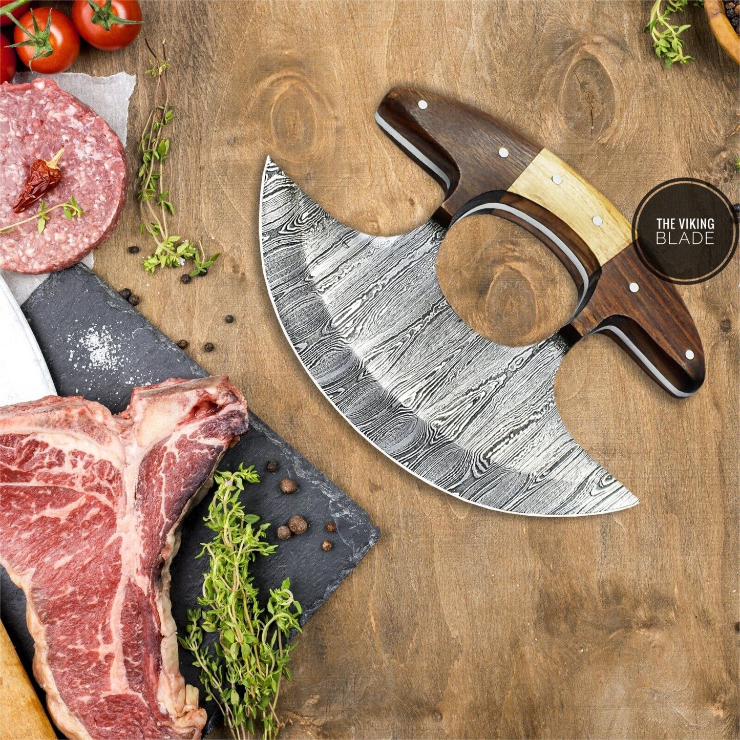 Ulu Knife W/Sheath, HAND FORGED 5.8" Damascus Steel Pizza Cut