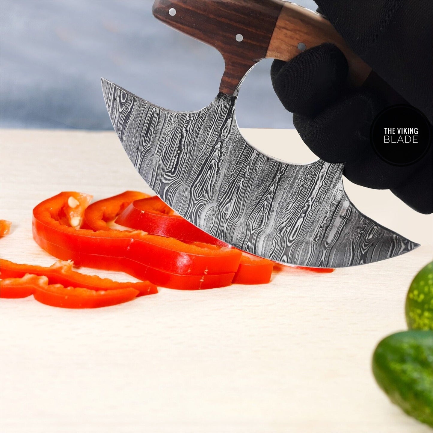 Ulu Knife W/Sheath, HAND FORGED 5.8" Damascus Steel Pizza Cut