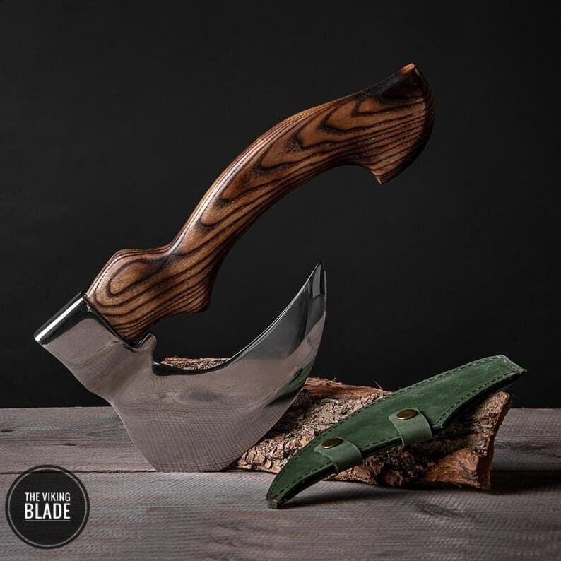 Viking Pizza Axe Beard Axe Pizza Cutter Wood Handle With Leather Sheath
