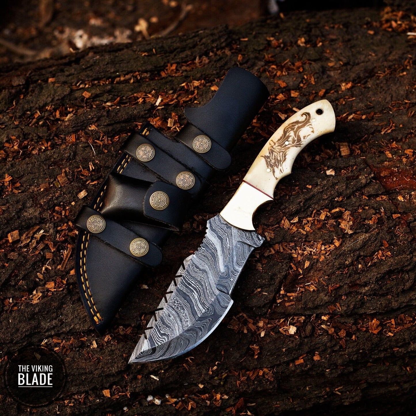 9'' Handmade Damascus Hunting Brass Bolster Tracker Knife W/Sheath