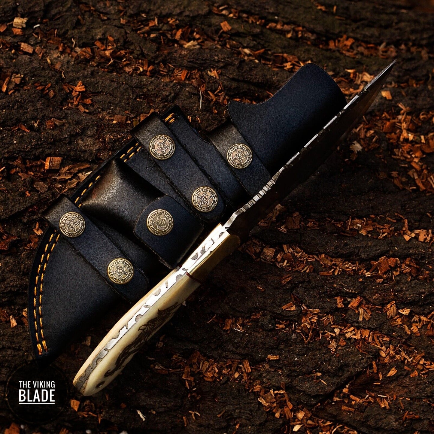 9'' Handmade Damascus Hunting Brass Bolster Tracker Knife W/Sheath