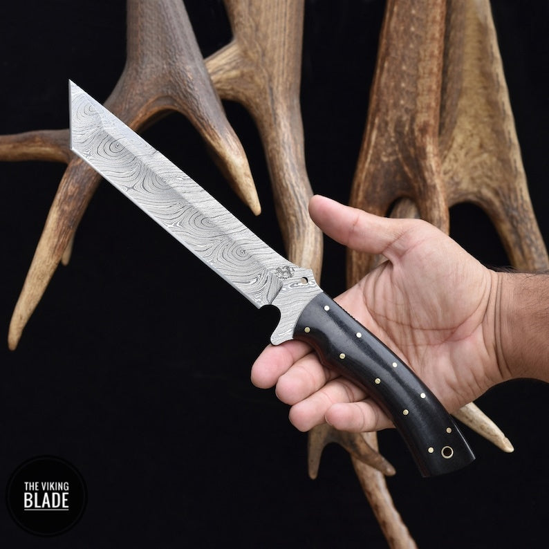 Custom Handmade Damascus Steel Tanto Knife With Leather Sheath