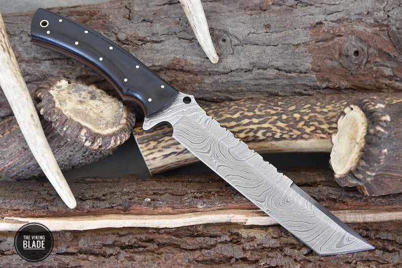 Custom Handmade Damascus Steel Tanto Knife With Leather Sheath