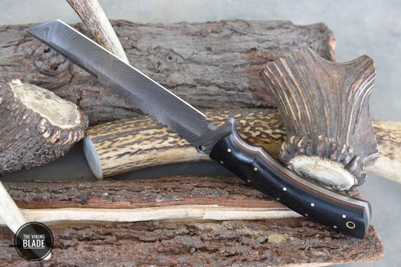 Custom Handmade Damascus Steel Tanto Knife With Leather Sheath