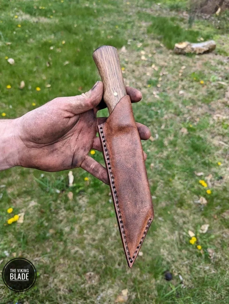 Handmade seax knife, hand forged Viking knife, fixed blade knife with cover