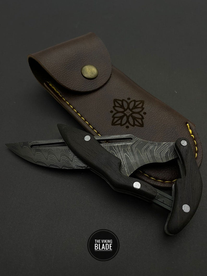 Collectible Knife Damascus Custom Engraved Folding Knife Pocket Knife and Case Custom Gift For Men Hunting Gift For Him, Groomsmen Knife