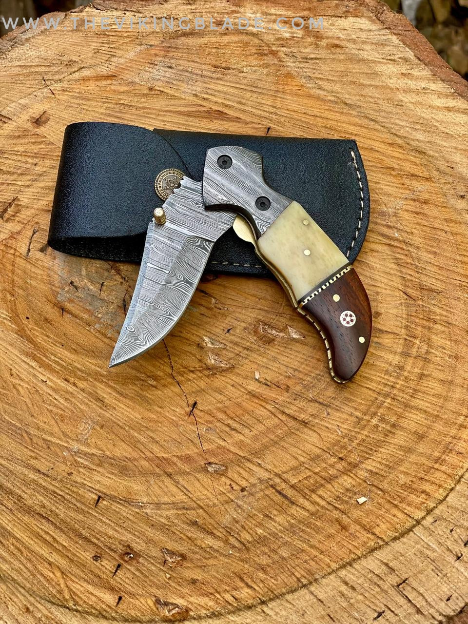 Custom Handmade Damascus Steel Folding Pocket Knife With Leather Pouch
