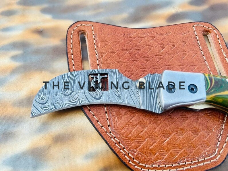 Custom Handmade Damascus Steel Hawkbill Pocket Knife With Leather Sheath