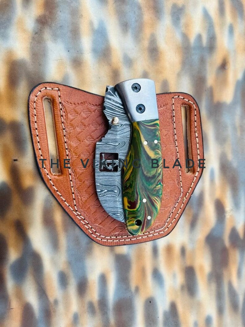 Custom Handmade Damascus Steel Hawkbill Pocket Knife With Leather Sheath