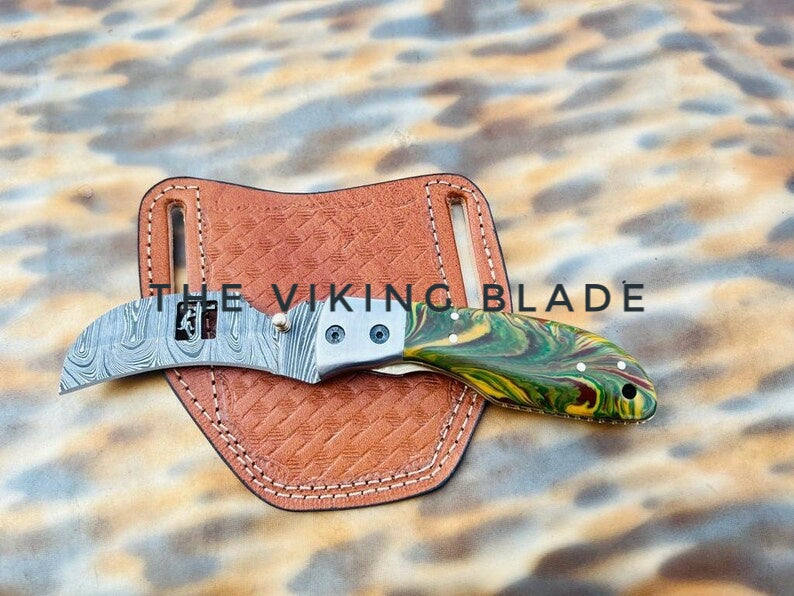 Custom Handmade Damascus Steel Hawkbill Pocket Knife With Leather Sheath