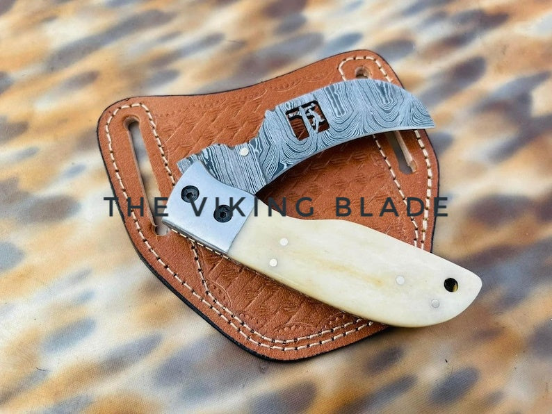 Custom Handmade Damascus Steel Hawkbill Pocket Knife With Leather Sheath