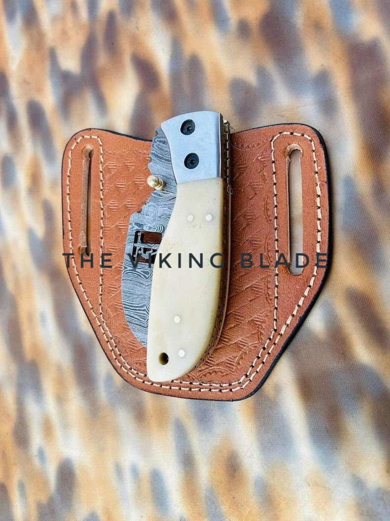 Custom Handmade Damascus Steel Hawkbill Pocket Knife With Leather Sheath