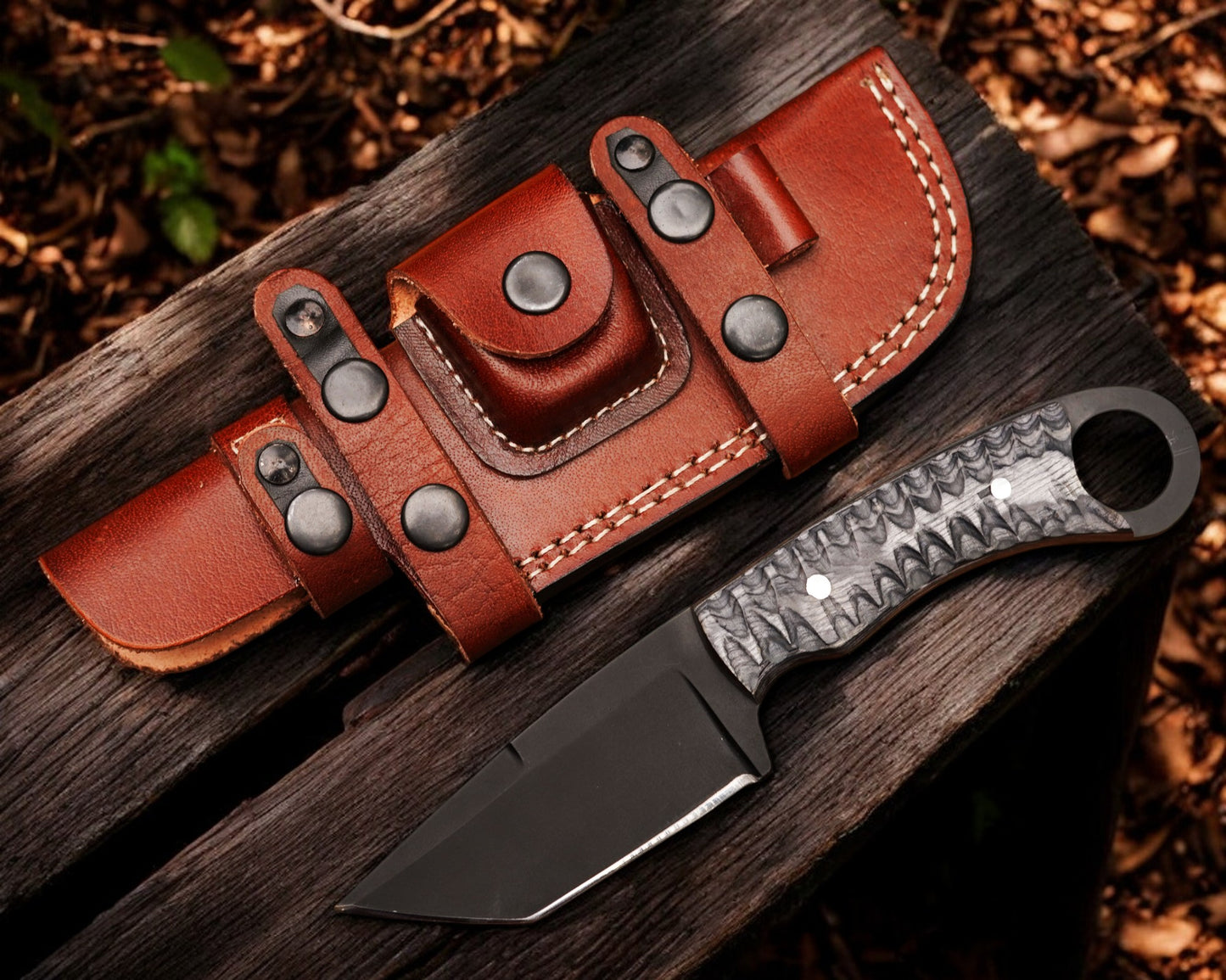 Fixed Blade Carbon Steel Outdoor Tanto Knife with Tracker Leather Sheath