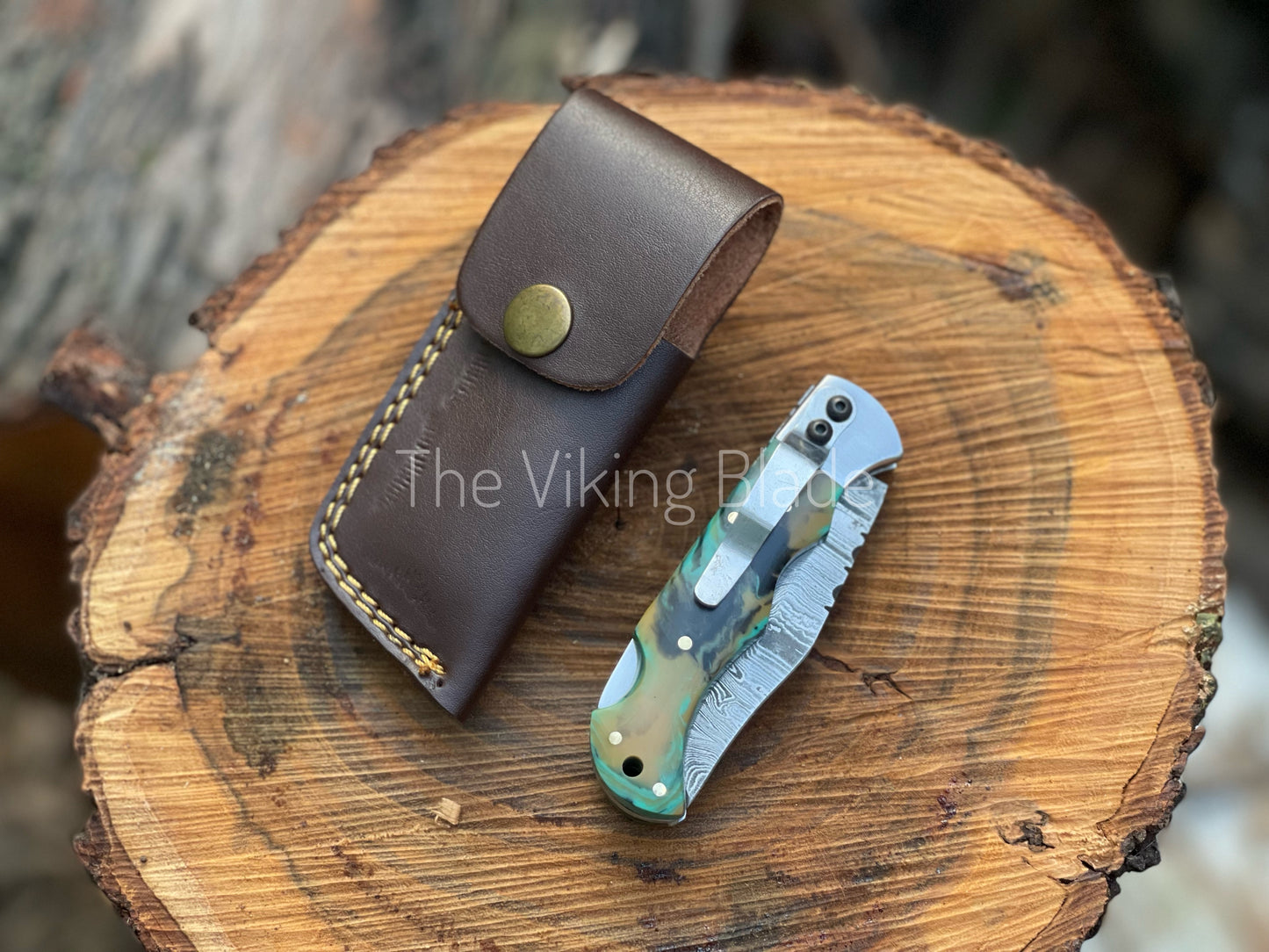 Custom Handmade Damascus Steel Folding Pocket Knife With Leather Pouch