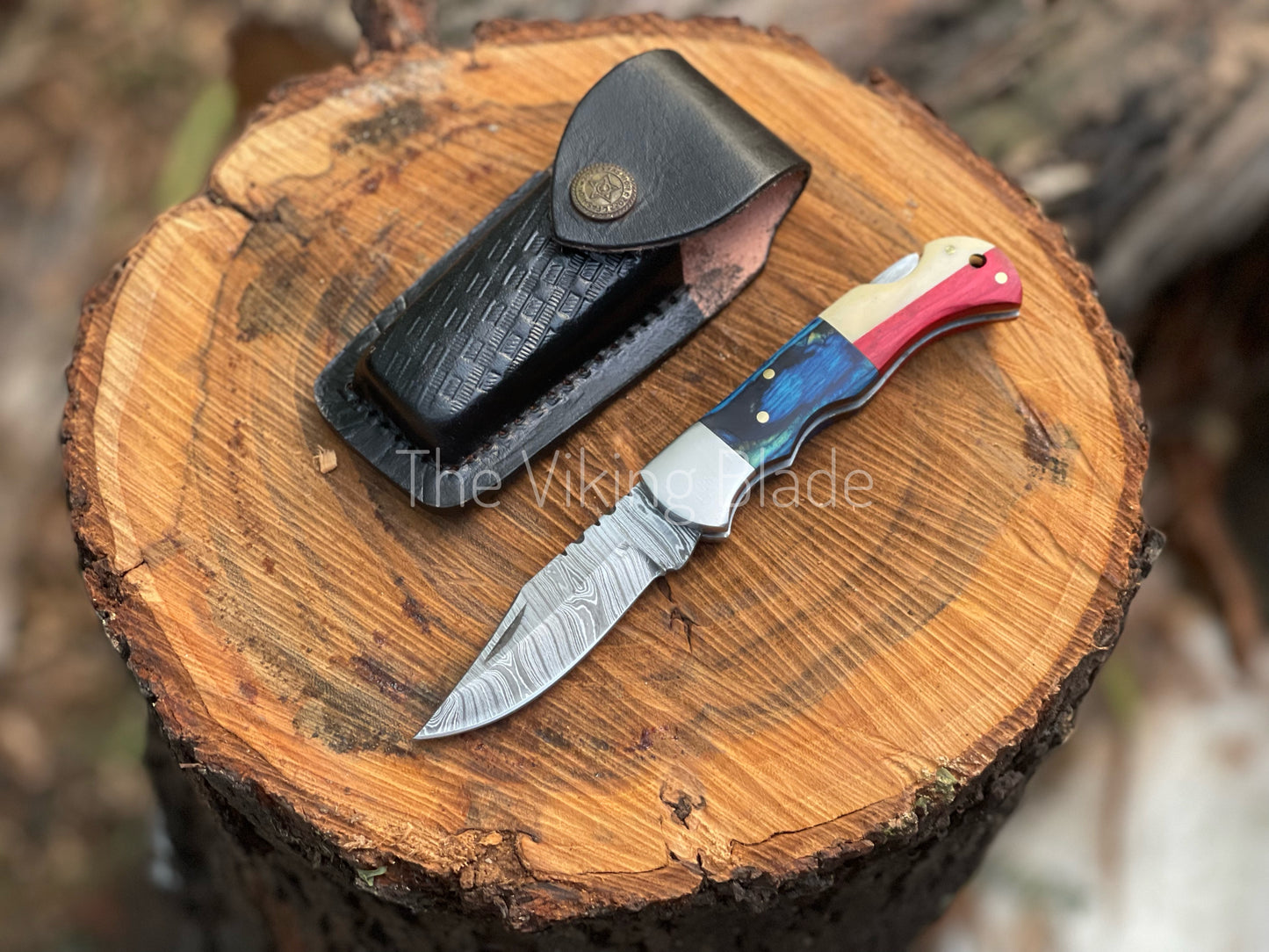 Custom Handmade Damascus Steel Folding Pocket Knife With Leather Pouch