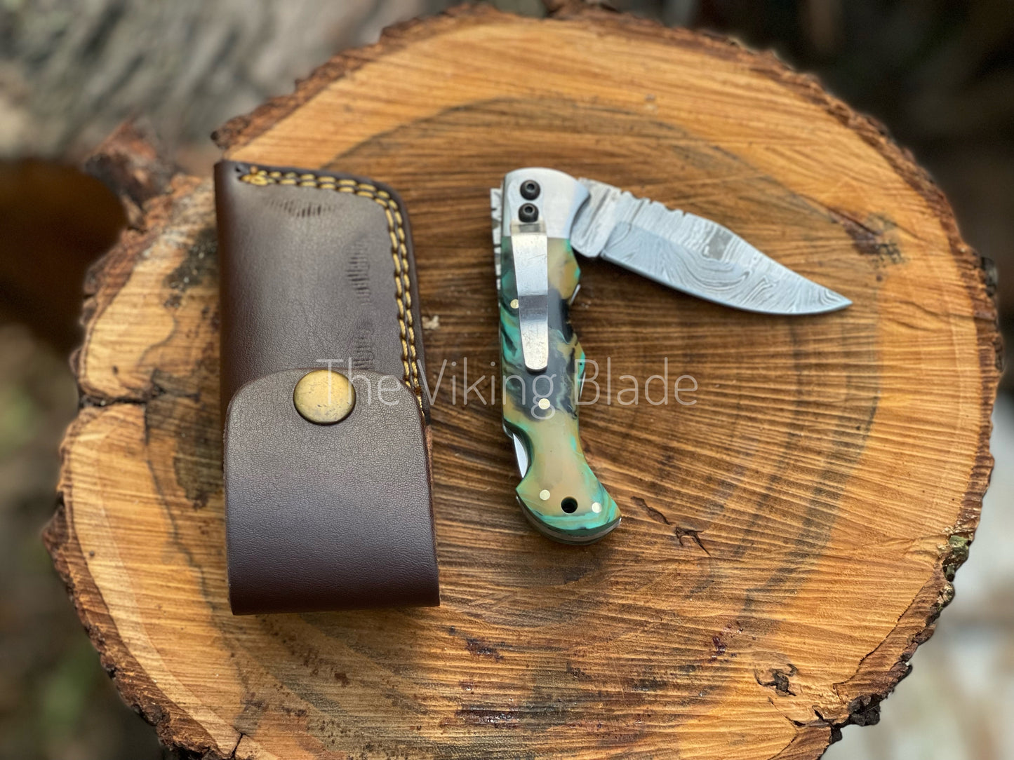 Custom Handmade Damascus Steel Folding Pocket Knife With Leather Pouch