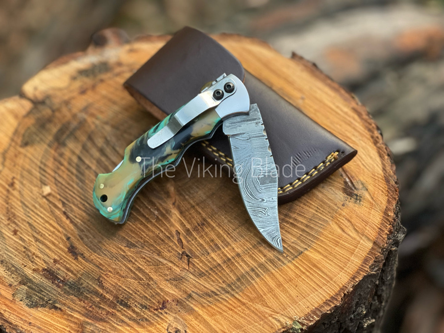 Custom Handmade Damascus Steel Folding Pocket Knife With Leather Pouch