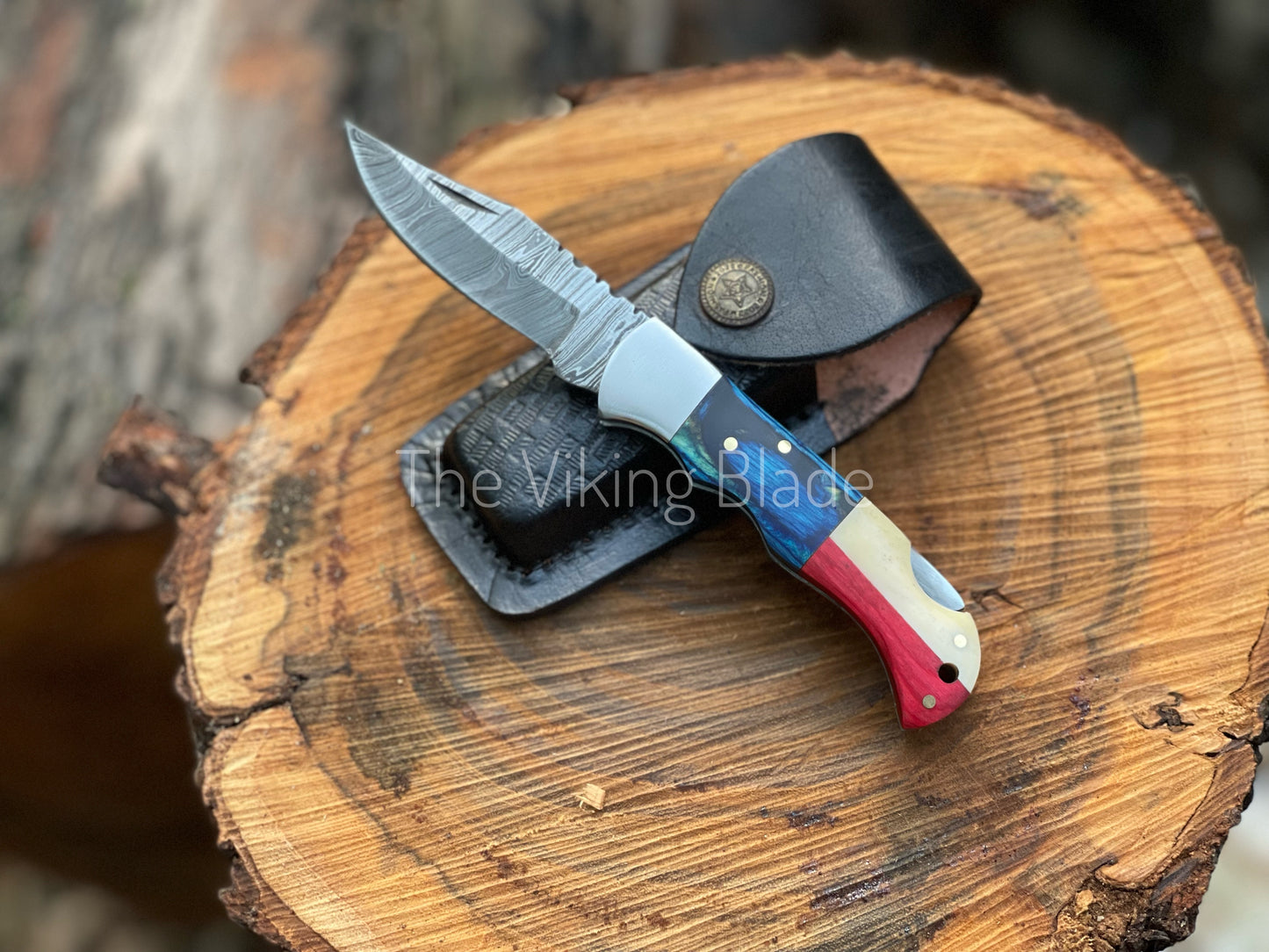 Custom Handmade Damascus Steel Folding Pocket Knife With Leather Pouch