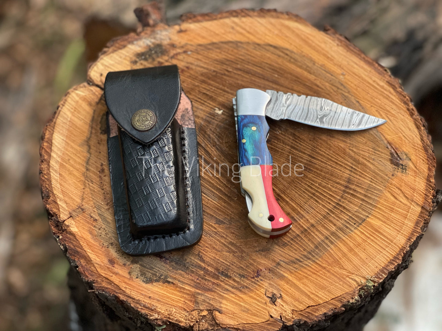 Custom Handmade Damascus Steel Folding Pocket Knife With Leather Pouch