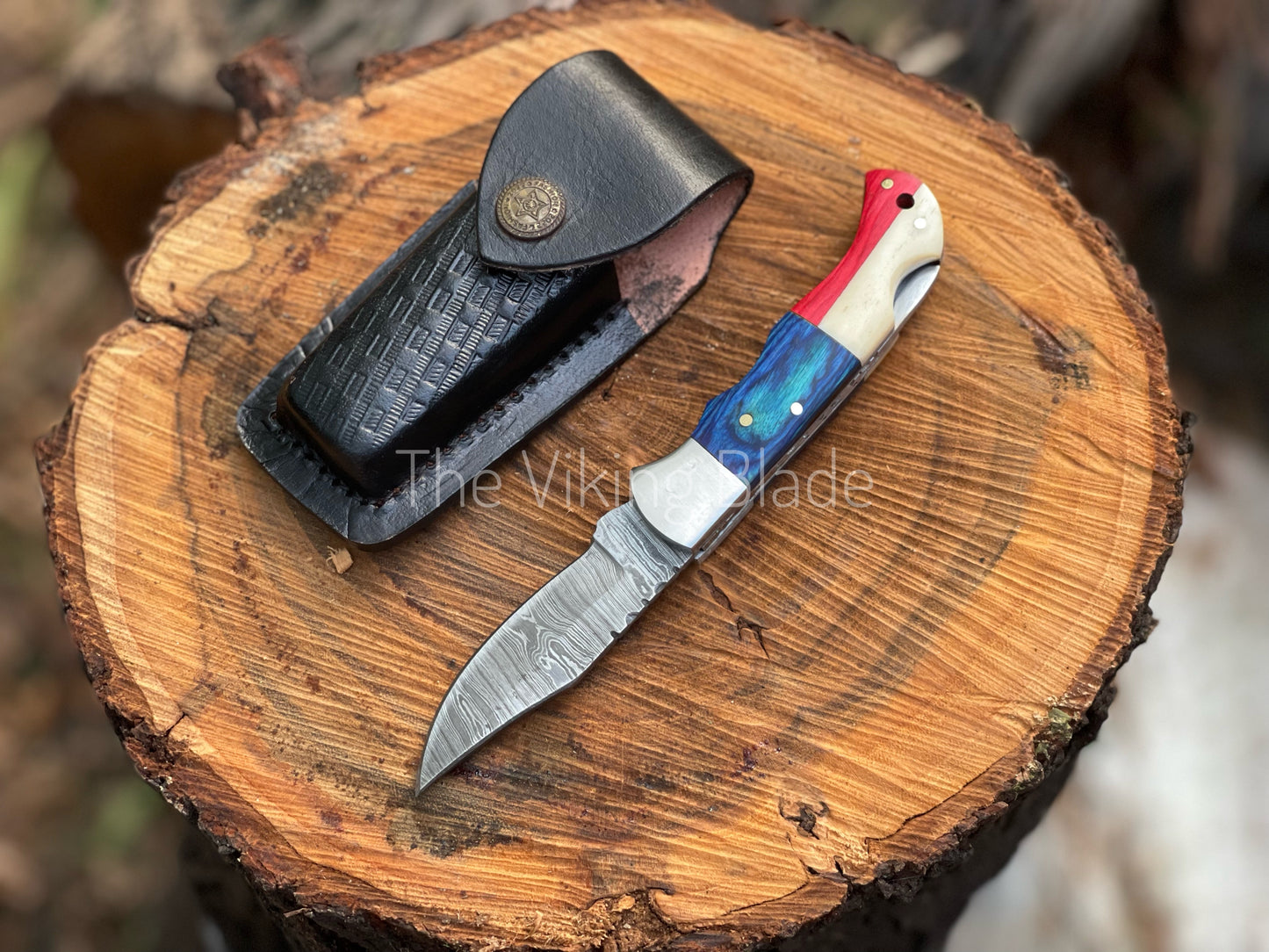 Custom Handmade Damascus Steel Folding Pocket Knife With Leather Pouch
