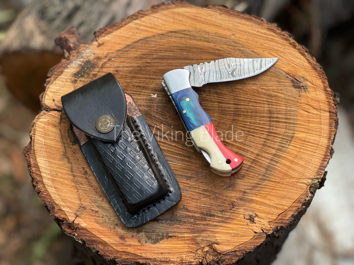 Custom Handmade Damascus Steel Folding Pocket Knife With Leather Pouch