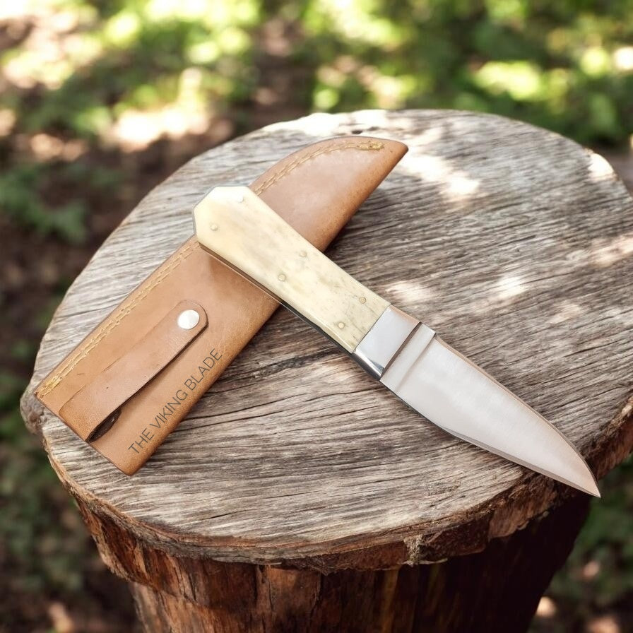 8.5" Handmade Skinner Knife with Camel Bone Handle & Leather Sheath | Razor Sharp Hunting Knife