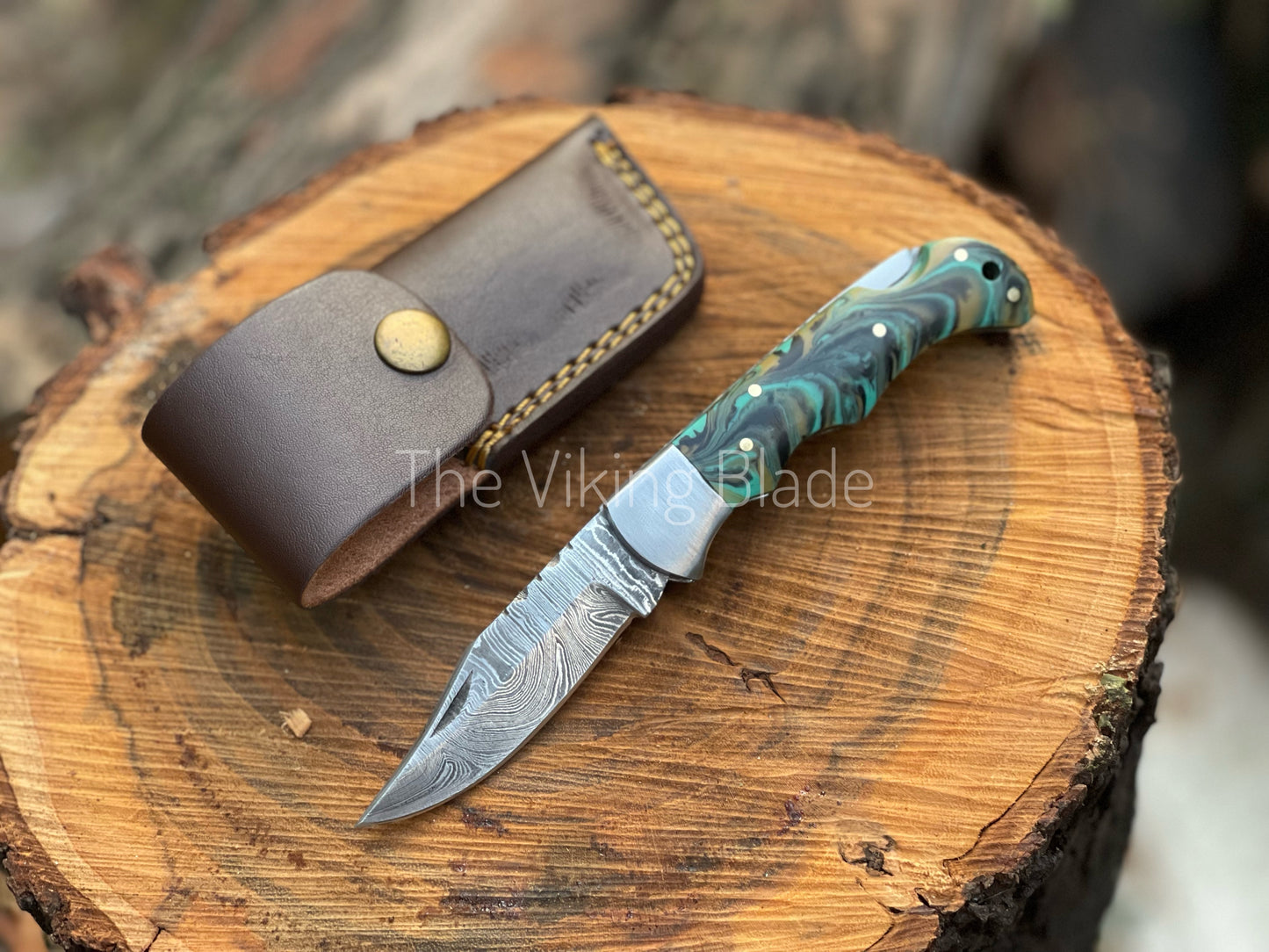 Custom Handmade Damascus Steel Folding Pocket Knife With Leather Pouch