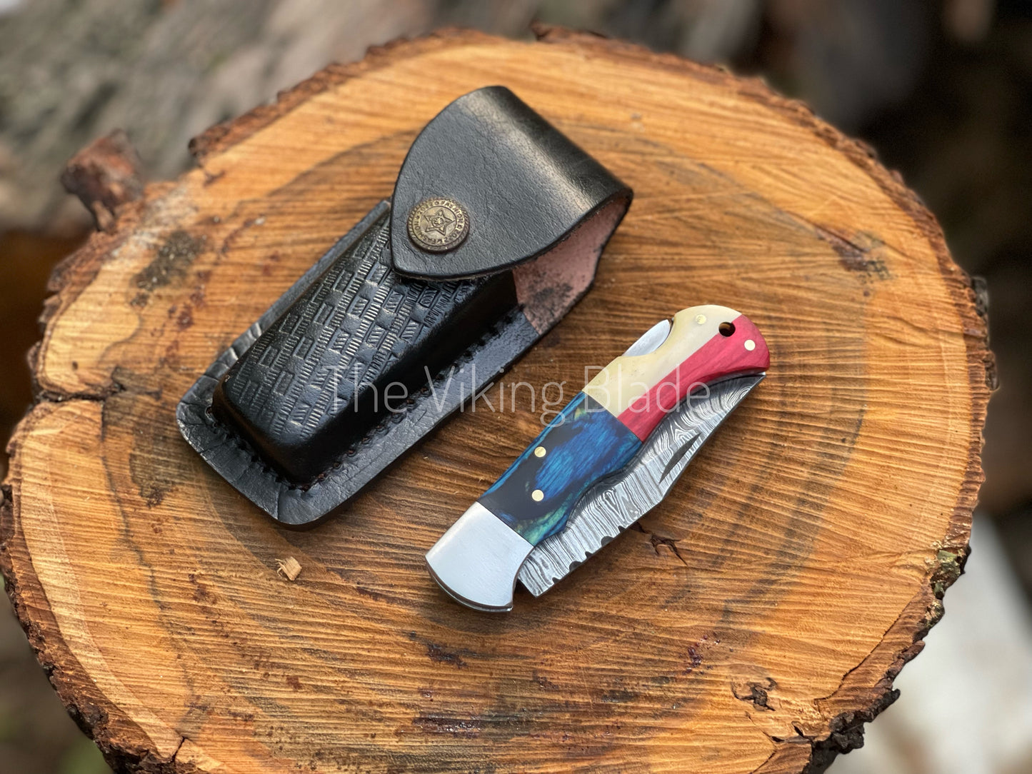 Custom Handmade Damascus Steel Folding Pocket Knife With Leather Pouch