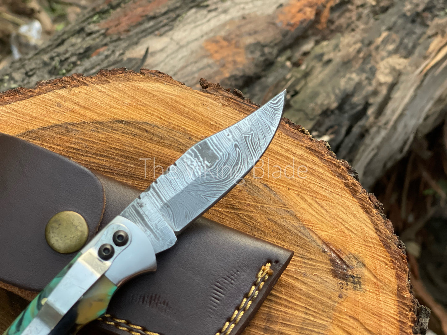 Custom Handmade Damascus Steel Folding Pocket Knife With Leather Pouch