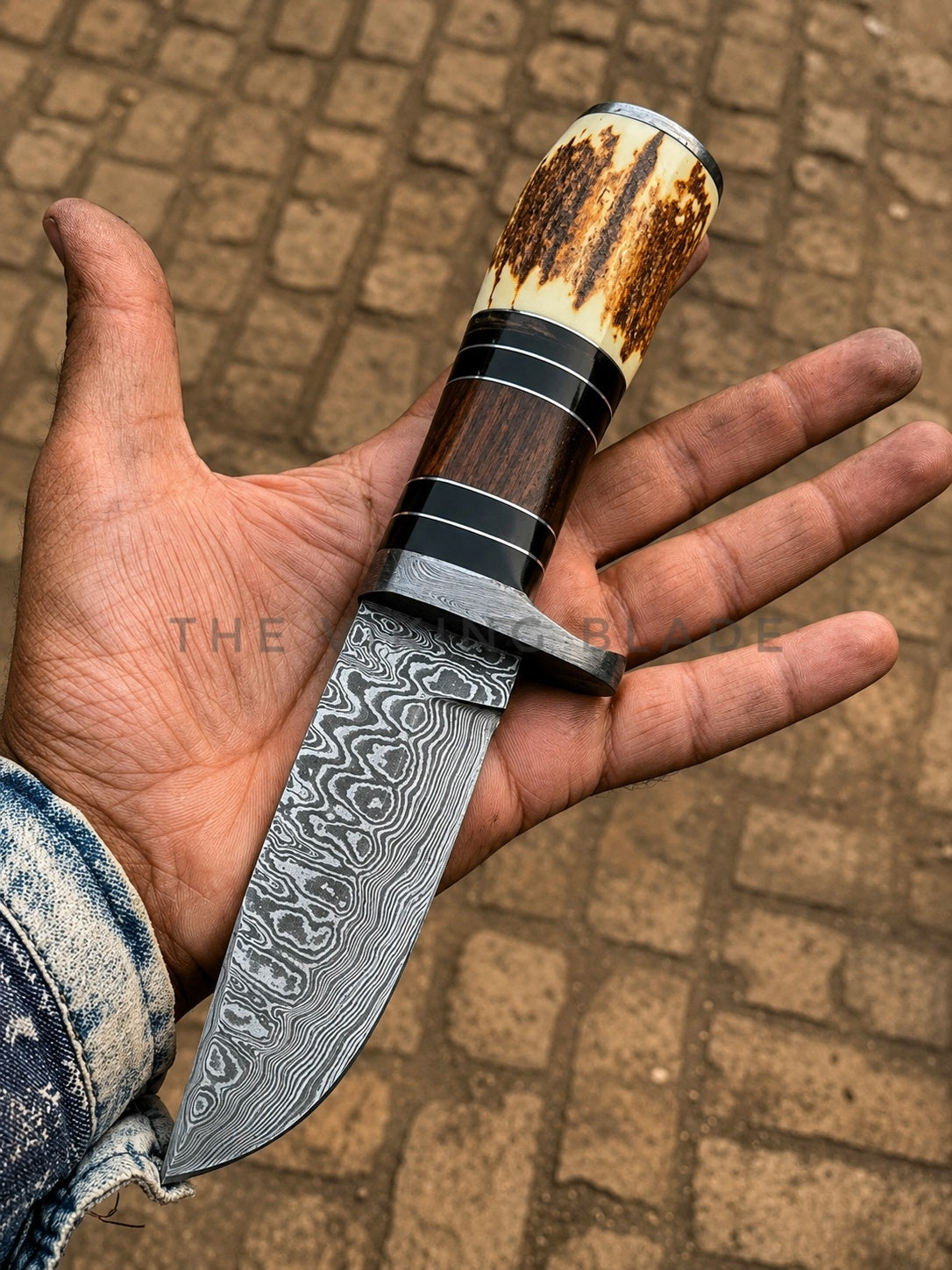 A hand holding a Damascus steel fixed-blade knife with a patterned steel blade, a dark wood handle, and a horn-like grip, set against a background of cobblestone pavement.