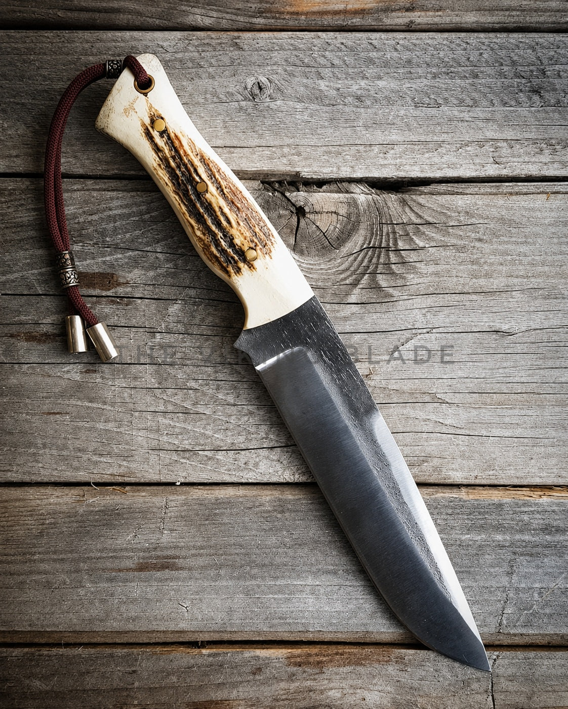 A fixed-blade knife with a natural antler-style handle and a dark steel blade, resting diagonally on a rustic gray wooden plank surface. A dark red leather lanyard with silver metal tips is attached to the handle.