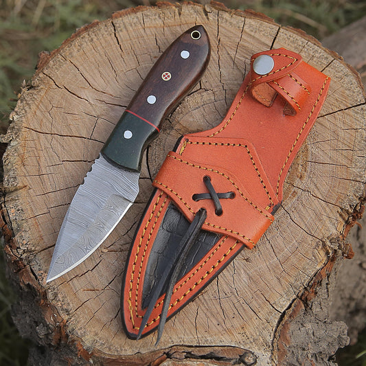 Handmade Damascus Steel Knife - Fixed blade Bush craft Hunting Knife, Survival & Camping Knives, with Rose Wood Handle Real leather Sheath