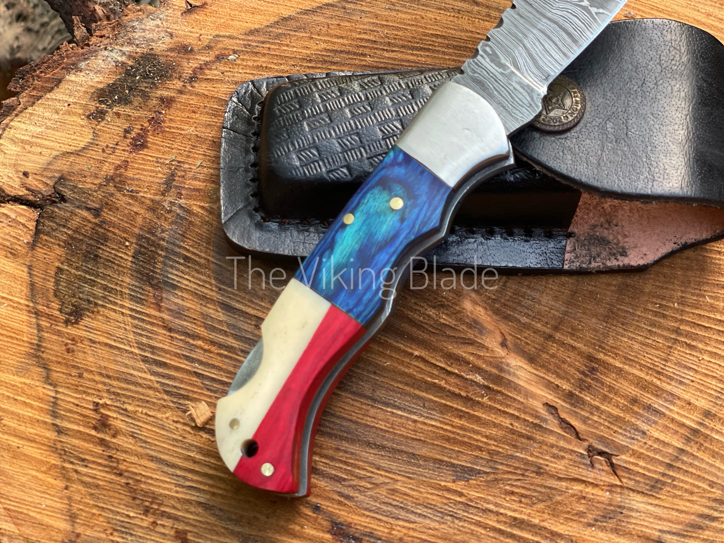 Custom Handmade Damascus Steel Folding Pocket Knife With Leather Pouch