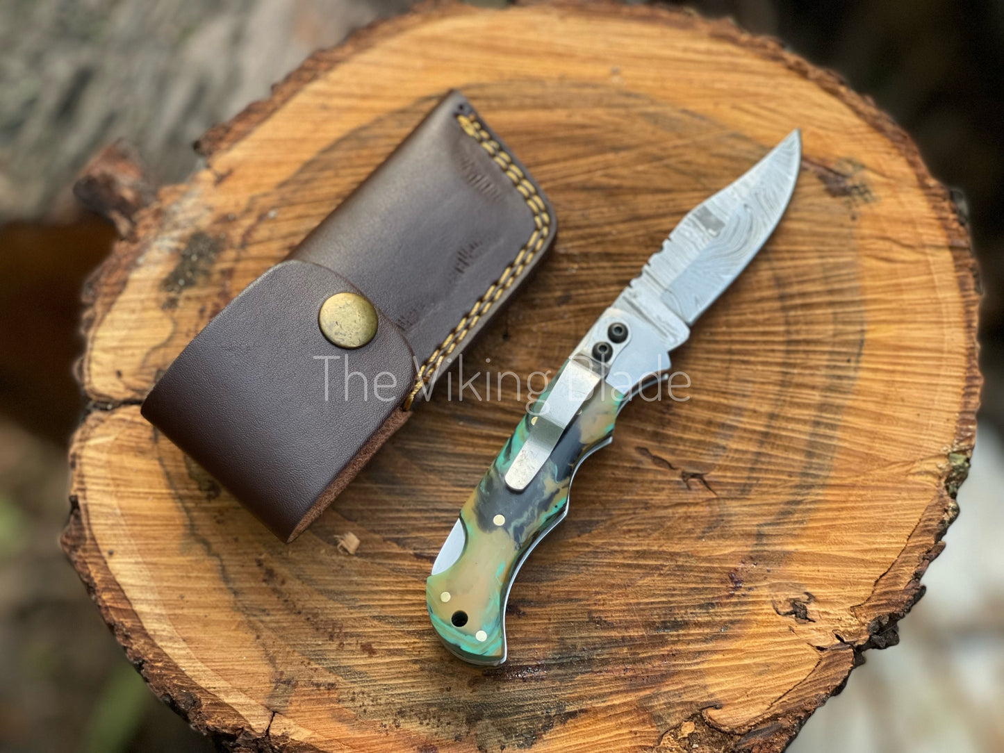 Custom Handmade Damascus Steel Folding Pocket Knife With Leather Pouch
