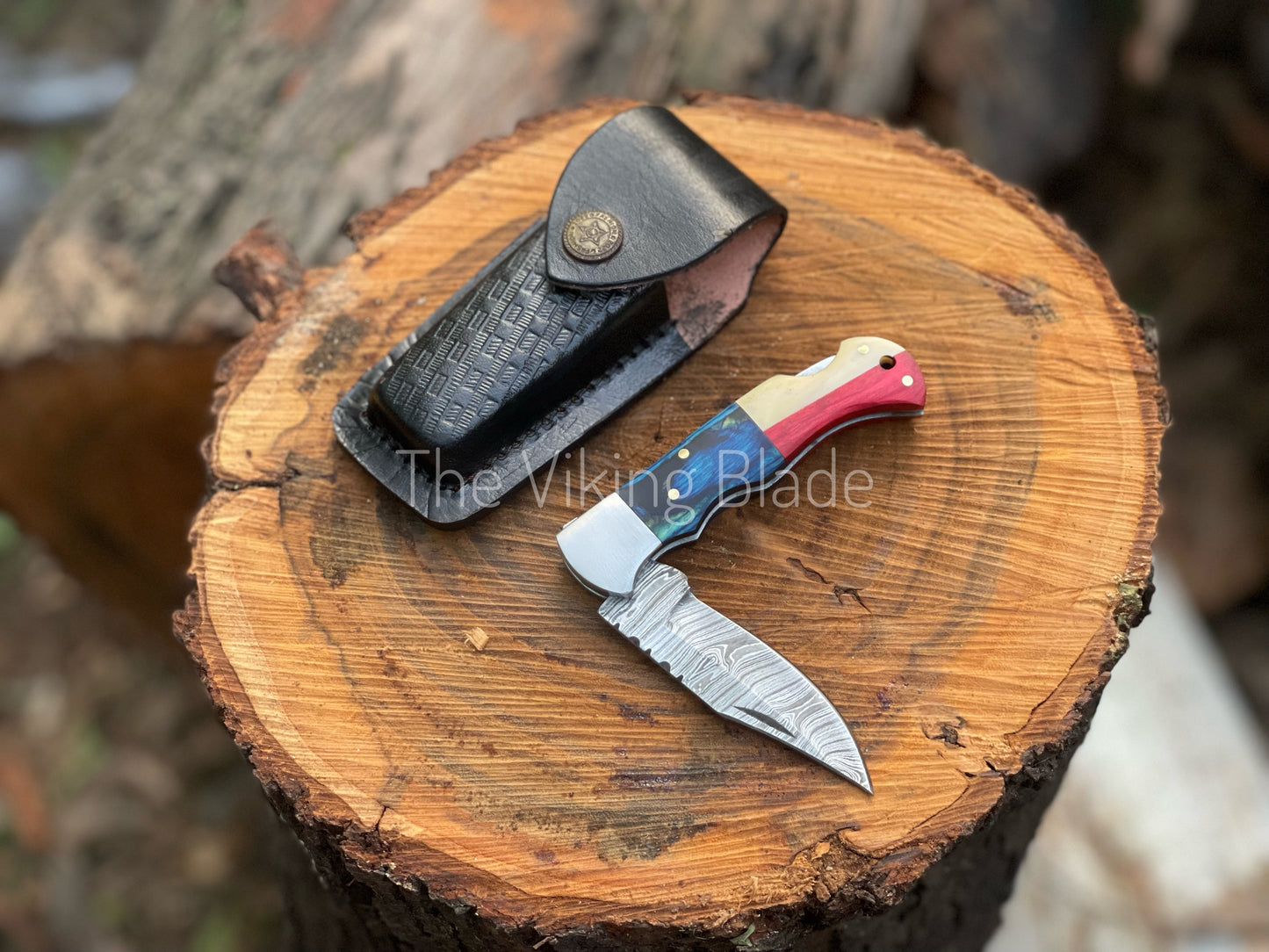 Custom Handmade Damascus Steel Folding Pocket Knife With Leather Pouch