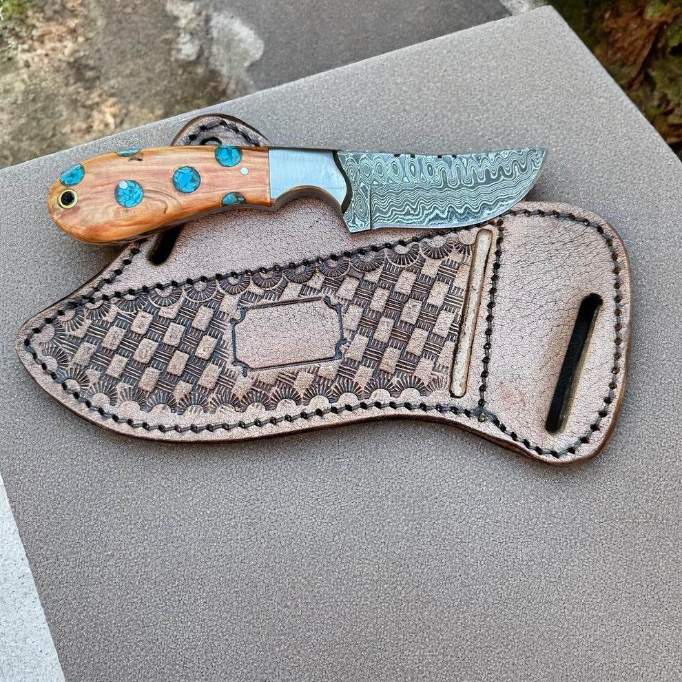 Handcrafted Cowboy Belt Knife Sheath with Damascus Steel Blade & Leather Case