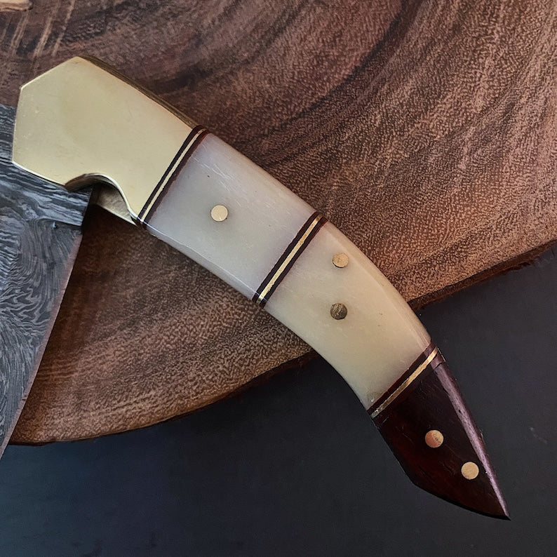 Custom Handmade Damascus Steel Folding Pocket Knife with Genuine Leather Pouch – Hand-Forged EDC Knife