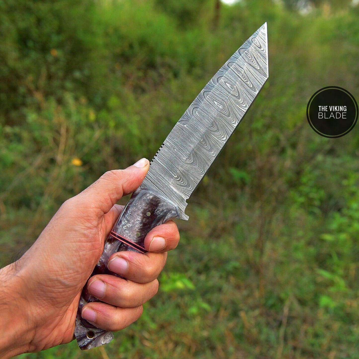 Custom Hand Forged Damascus Steel Hunting Large Tanto Blade Camping Knife | The Viking Blade |