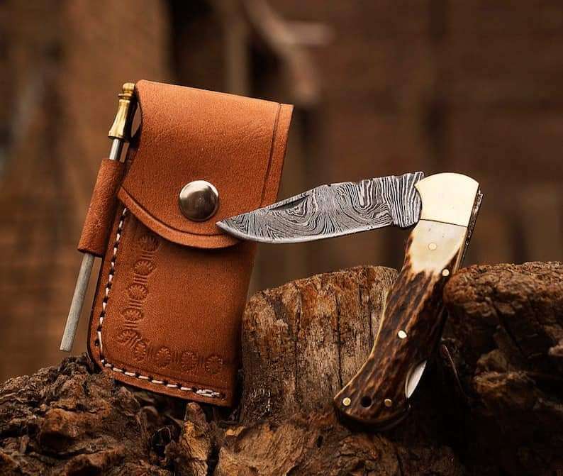 Custom Handmade Damascus Steel Folding Pocket Knife with Genuine Leather Pouch